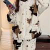 Braune Kuh Pyjamas Damen Herbst und Winter Warmes Korallenfleece Verdickter Anzug Studentenwohnheim Kann Loungewear draußen tragen
