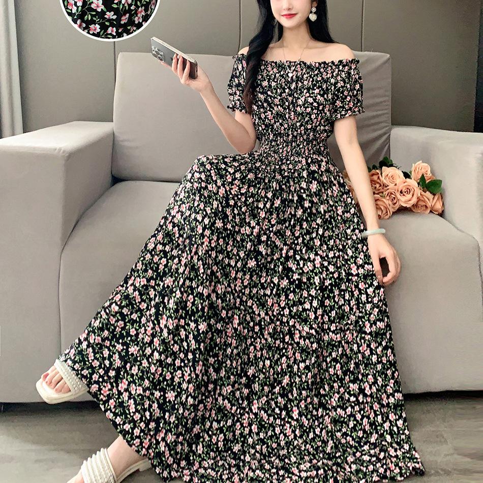 2024 Women's Beach Dress Short Sleeve Floral Dress Cotton Travel Vacation Bohemian Skirt Summer Halter
