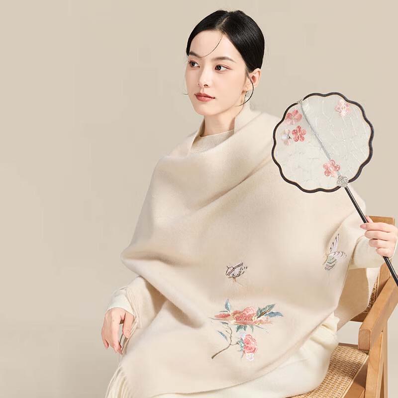JIUMU Women s Autumn/Winter Embroidered Wool Scarf Shawl One Size