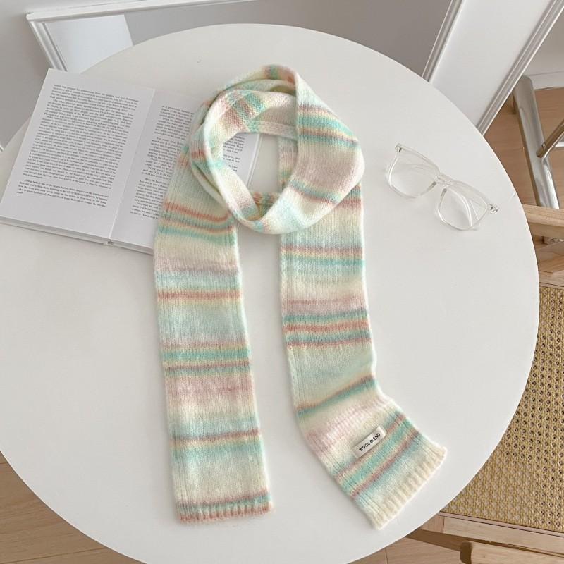 Cozy Knit Scarf Women Winter Warmth Creamy Pastel Color Block Style Soft Wool-Like Neck Wrap