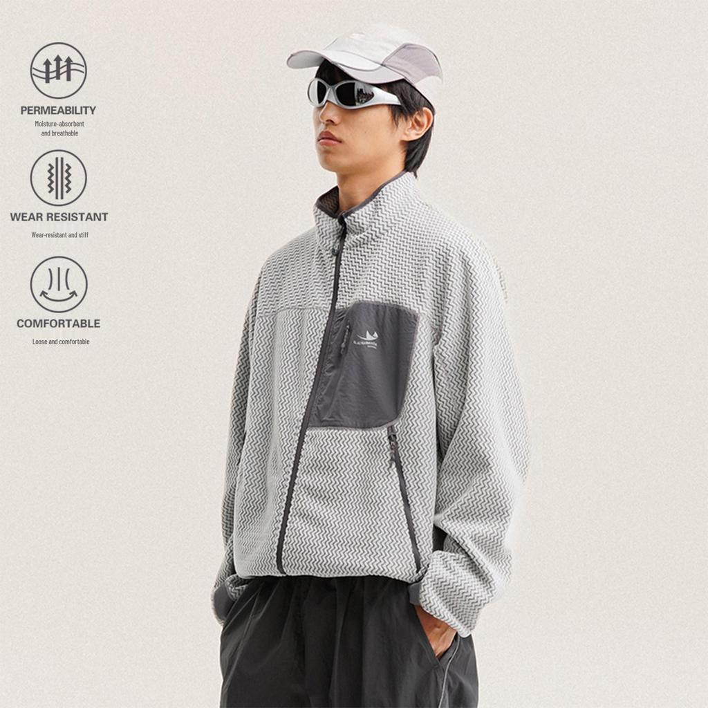 Unisex Outdoor Color Block Fleece Hiking Jacket with Stand Collar