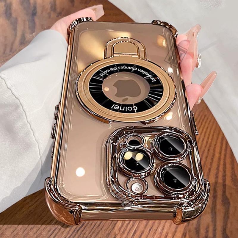 Luxury Shockproof Plating Soft TPU Bracket Phone Case for iPhone 16 15 14 13 11 12 Pro Max Plus Magsafe Magnetic Protect Cover
