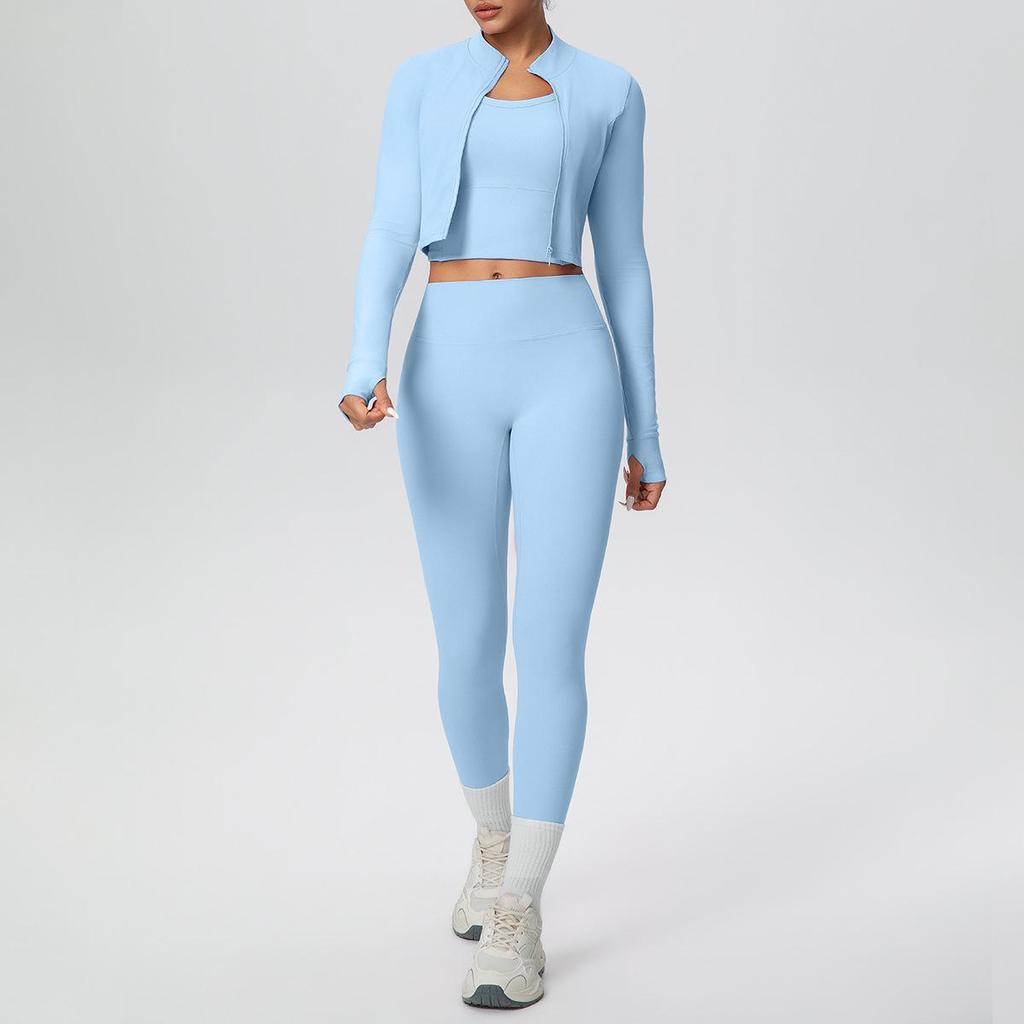 Three-Piece Yoga Set: Cross-Back Sports Tank, Zipper Jacket, High-Waisted Butt Lifting Leggings
