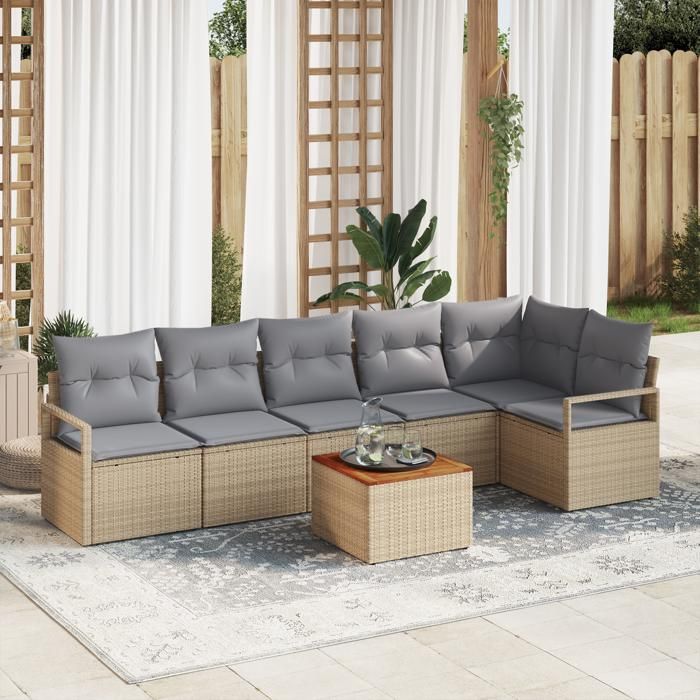 Ensemble de canapé de jardin 7 pièces avec coussins beige poly rattan acacia, Sofa de jardin 2 places avec rangement 3356383