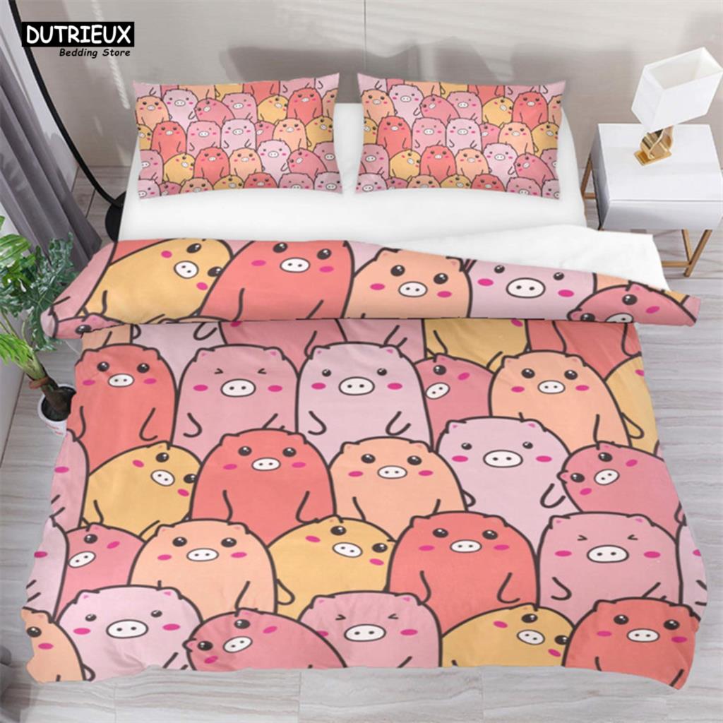 Cartoon Lovely Pig Duvet Cover Set Kawaii Animal Bedding Set King Microfiber Farmhouse Wildlife Theme Comforter Cover Pillowcase