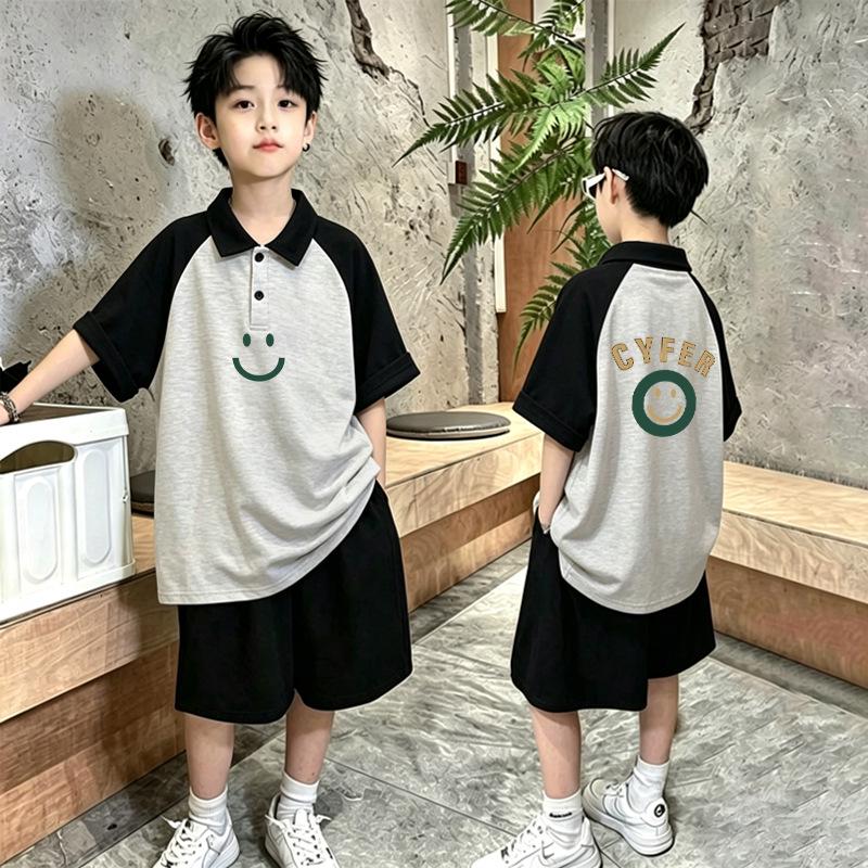 Korean Style Boys' Casual Loose-Fit Polo Shirt Set, Short Sleeve, Ages 6-15