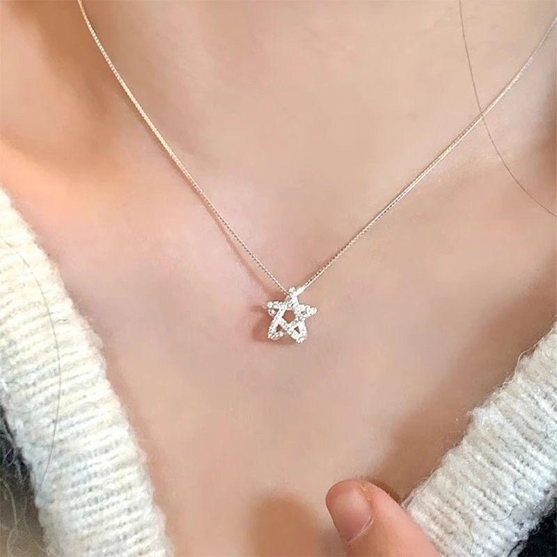 Fashion Women Necklace Double Layer Zircon Pentagram Moon Pendant Necklace Delicate Chain Charm Elegant Fashion Jewelry Gifts
