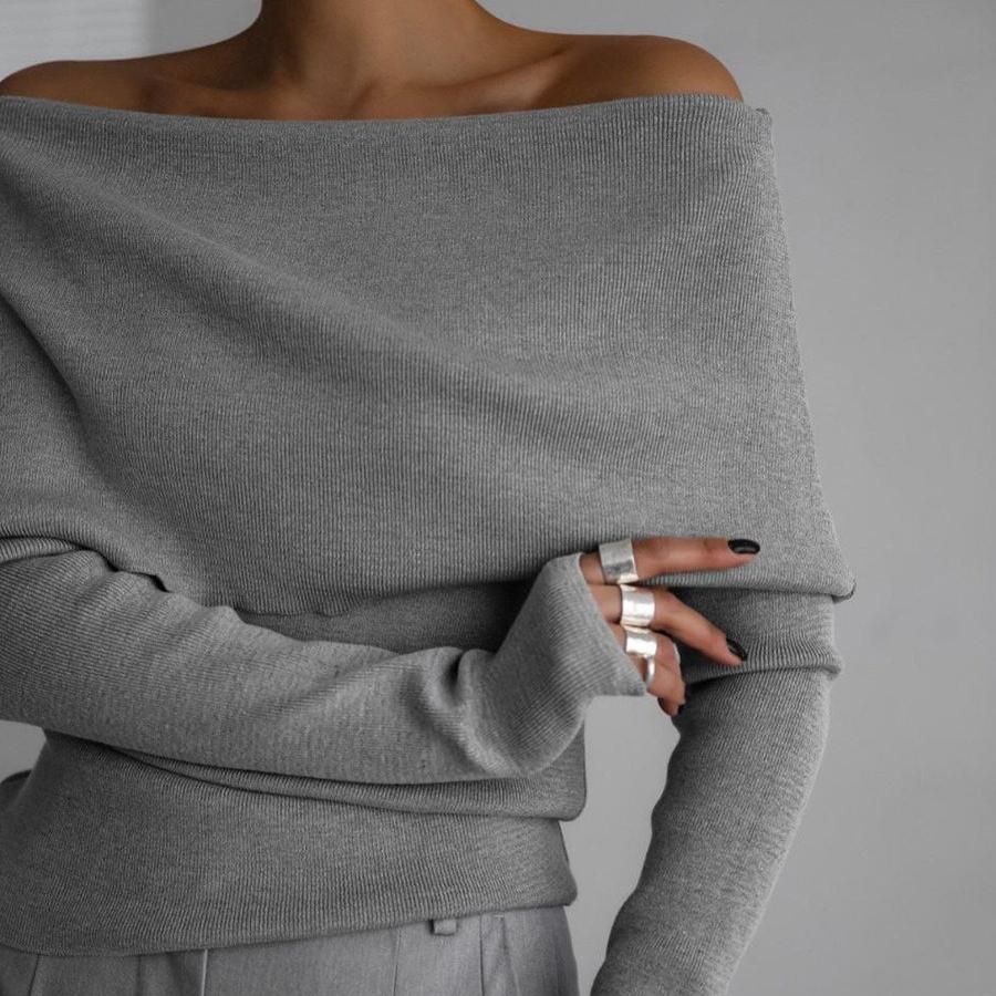 Spring Autumn Women's Sexy Off-shoulder Knitted Sweater Slim Stretch Long-sleeved Pullover Knitted Sweater