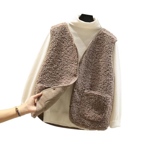 Women Autumn Winter Vest Coat Solid Sleeveless Faux Color Lamb Wool Waistcoat Short