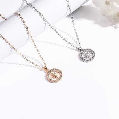 Compass Star Pendant Necklace, Dainty Crystal Inlaid Stainless Steel Chain for Women