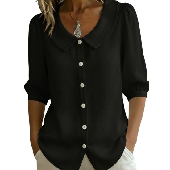 Women Tops Lapel Half Sleeve Buttons Placket Shirt Tops Pure Color Loose Fit Casual Style Shirt Home Dates Versatile Wear