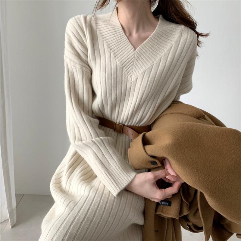 Korean Women's Winter Clothes Beige Knit Knitwear To Knee Long Dress Office Lady Pullovers Sweater Dresses For Women