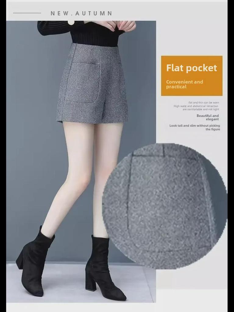 Spring 2024 Korean High-Waist Wool A-Line Shorts - Women's Wide-Leg Casual Outerwear