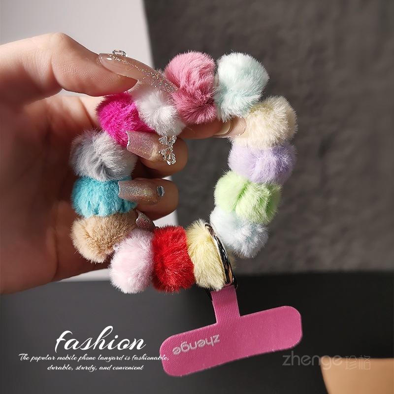 Color Plush Mobile Phone Lanyard Bracelet Short Ins Women's Wrist Pendant Cute Sweet Tether Autumn and Winter Outdoor
