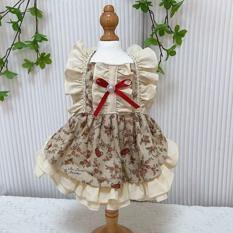 

Винтажная хлопковая одежда цвета хаки для собак, модное ретро маленькое тонкое платье принцессы с цветочным принтом для маленьких и средних собак, одежда для щенков пуделя