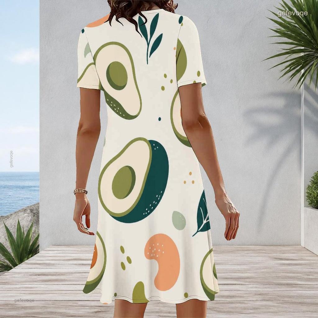 Women Plus Size Round Neck Short Sleeve Fruit Leaf Printed A Line Casual Dress