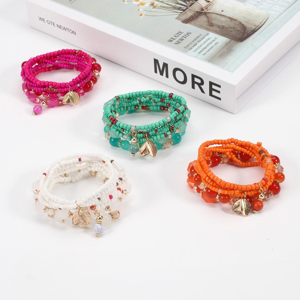 Bohemian Multi-Layer Beaded Leaf Charm Stretch Bracelet for Women