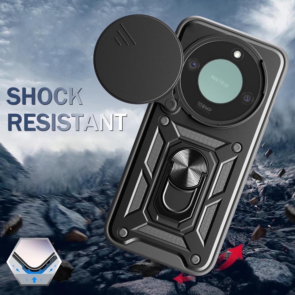 For Honor X60 5G/X9c Smart 5G Case with Slide Camera Lid PC+TPU Kickstand Phone Cover