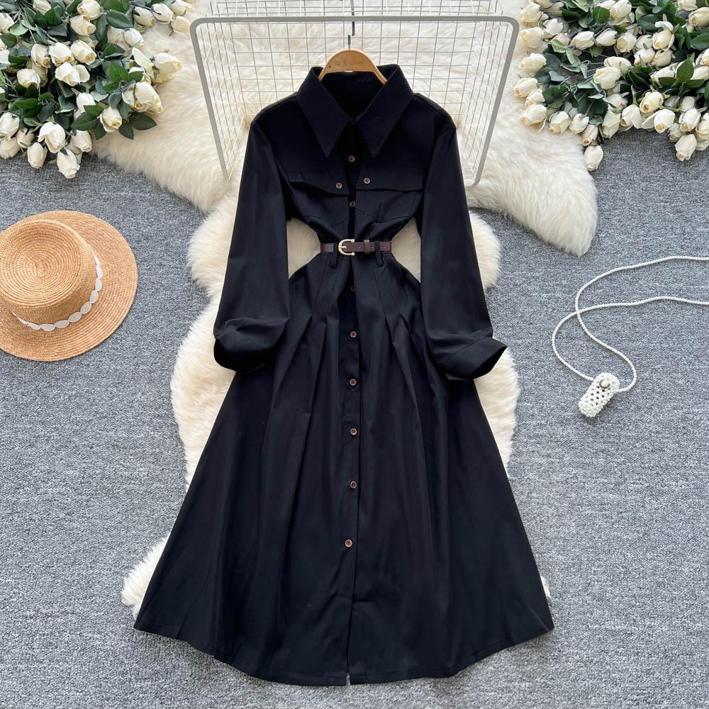French Light Maturity Minimalist Retro Lapel Long Sleeve Single Button Waist Cinching Dress Women Autumn Slim Fit Elegant Maxi Dresses