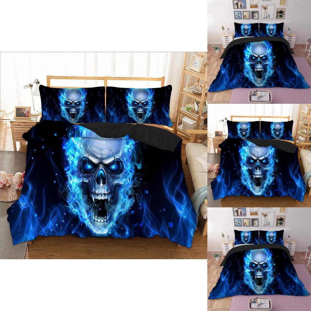 Premium 3d Blue Fire Skull Duvet Cover Pillow Cases Quilt Cover Bedding Set For All Sizes