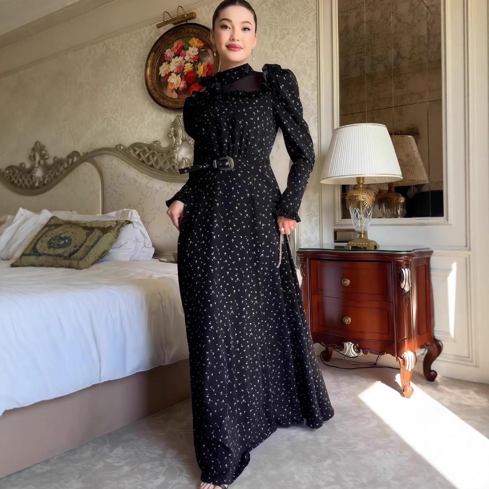 

2025 Европейская и Американская Осенняя Мода Приталенное Платье Макси с Принтом Extra Large чёрный