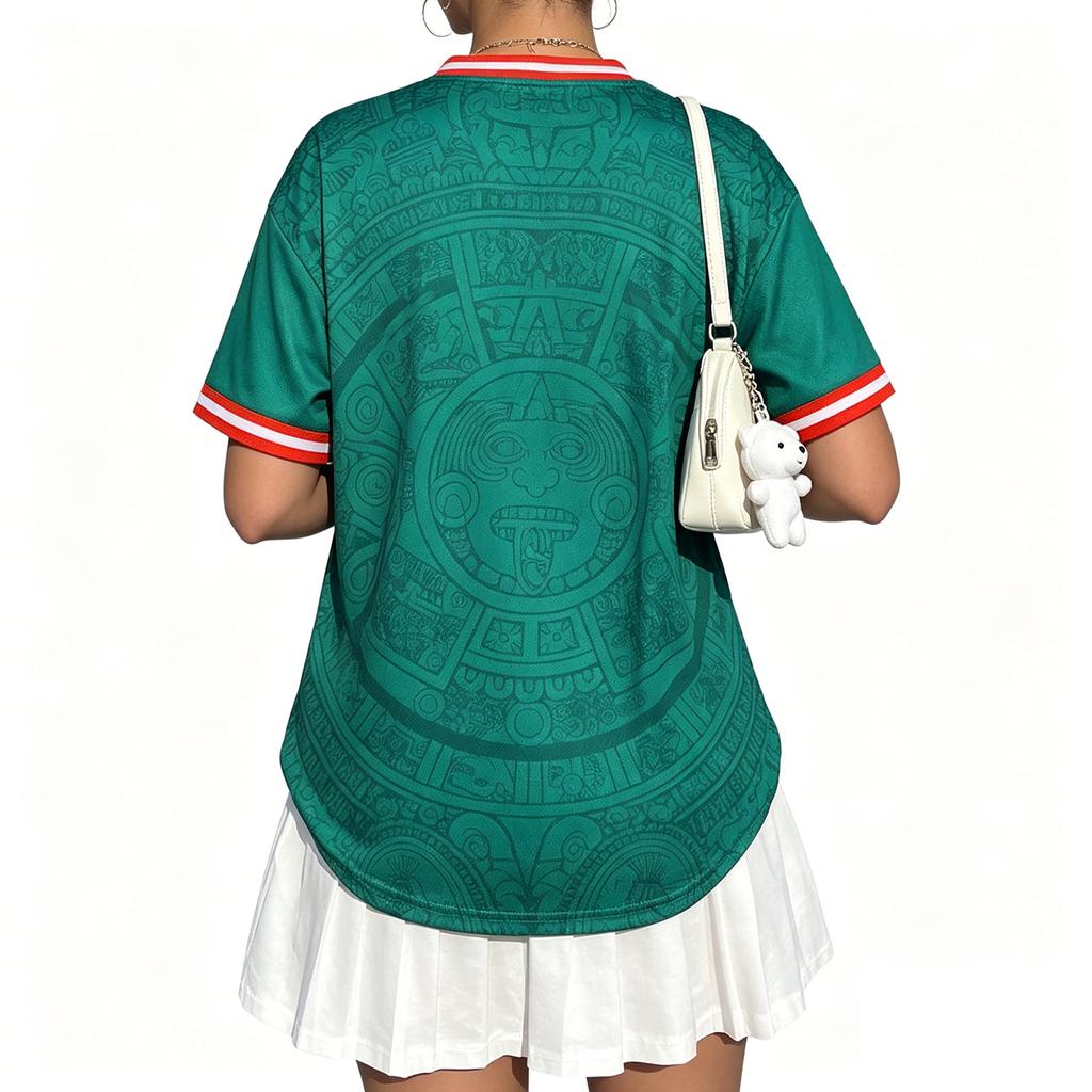 Women's V Neck Short Sleeve Mexico Soccer Jersey Top Lightweight Breathable Athletic Shirt with Printed Design and Relaxed Fit