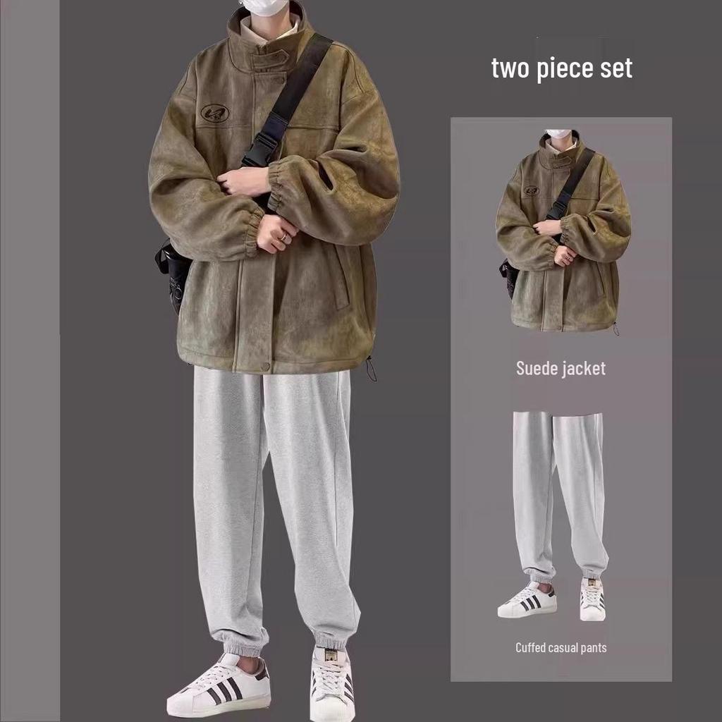 Men's Trendy Three-Piece Set: Autumn/Winter Suede Jacket, Cotton Coat, Casual Student Outfit
