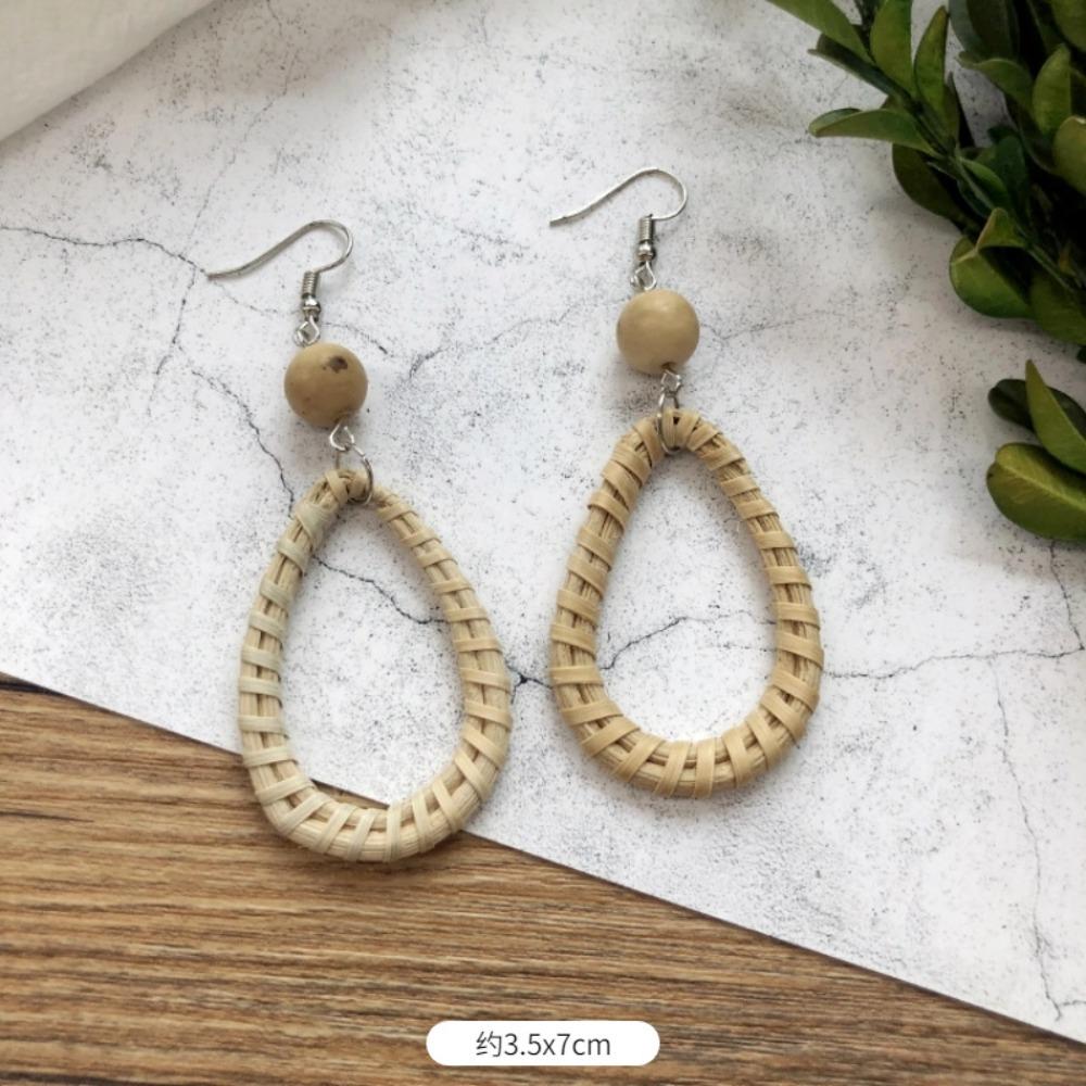 Vintage Mori Grass and Rattan Woven Handmade Earrings Bohemian Vacation Style Stud Earrings Female Ethnic Style Summer Ear Jewelry