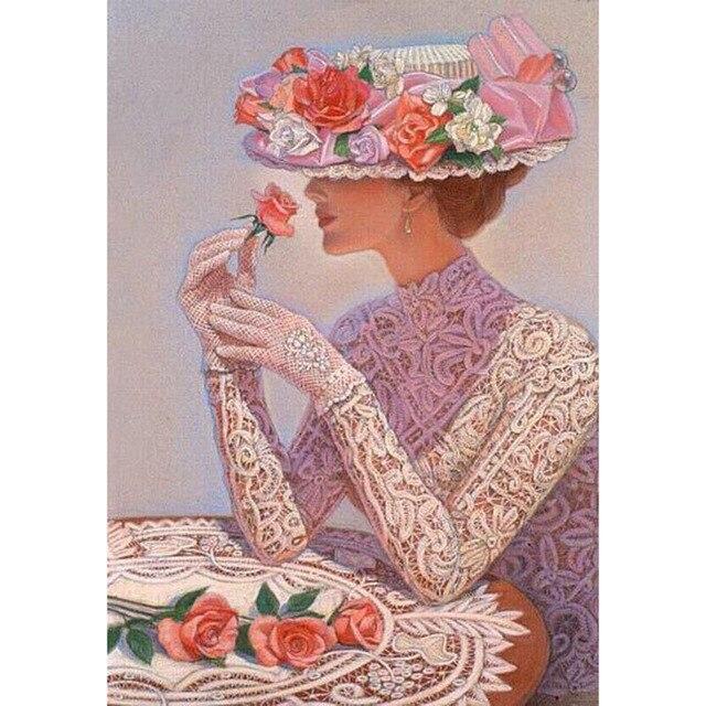 5D diamantová malba ženy Celokulatý vrták Mozaika Diamantové vyšívání "Květinový klobouk krása" Dárek do domácnosti