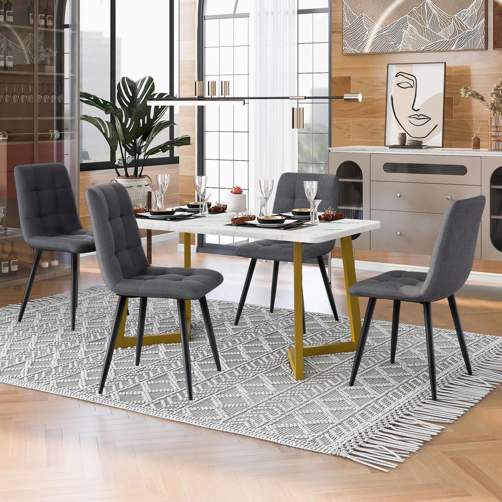 Dining Group: Rectangular Dining Table Marble Pattern + 4 Modern Upholstered Chairs with Backrest, Metal Frame, Velvet, Black & Grey