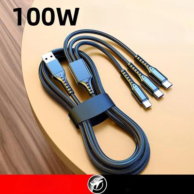 1Pc Data Cable One-to-three Super Fast Charging 100w Flash Charging Is Suitable for Apple Mobile Phone Cable Android Three-in-one  Charging Cable