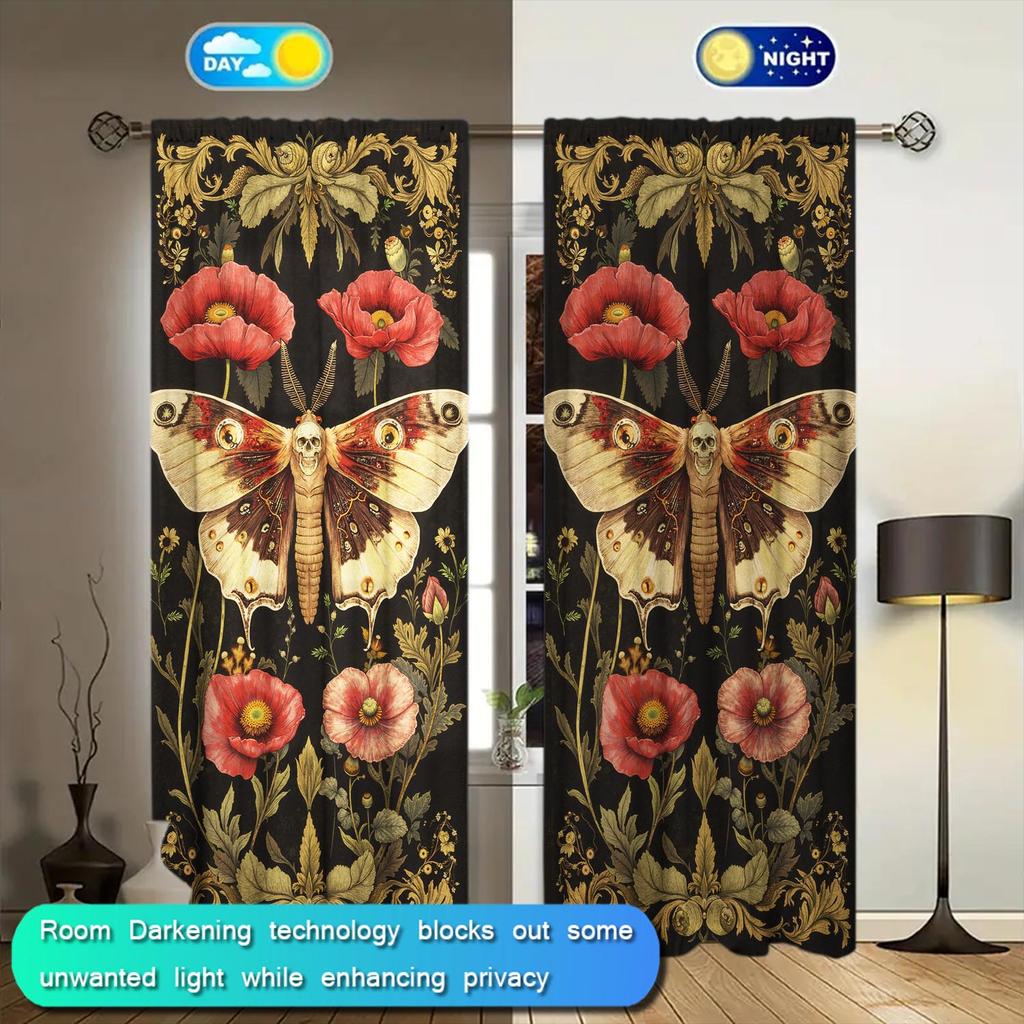 Set Of 2 Butterfly Floral Pattern Curtains American Retro Style Sunshade Privacy Protecting Pole Curtain Polyester