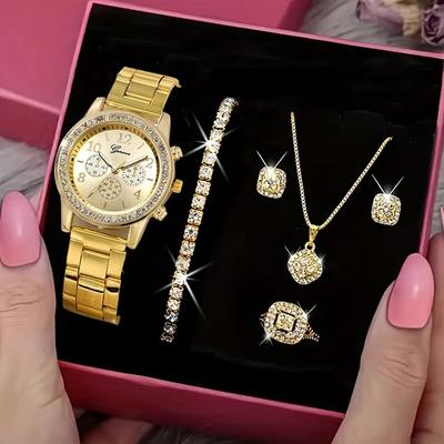 5 Parça Set Altın Saat Kadın Lüks Yüzük Kolye Küpeler Rhinestone Moda Kol Saati Kadın Günlük Saatler Bileklik Seti