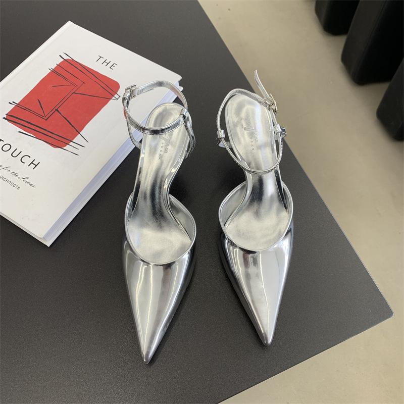 2025 Spring and Autumn New Fashion Pointed Head Bag Head Sandals Women's Rear Tripple Strap Thin Heel Empty High Heels Children