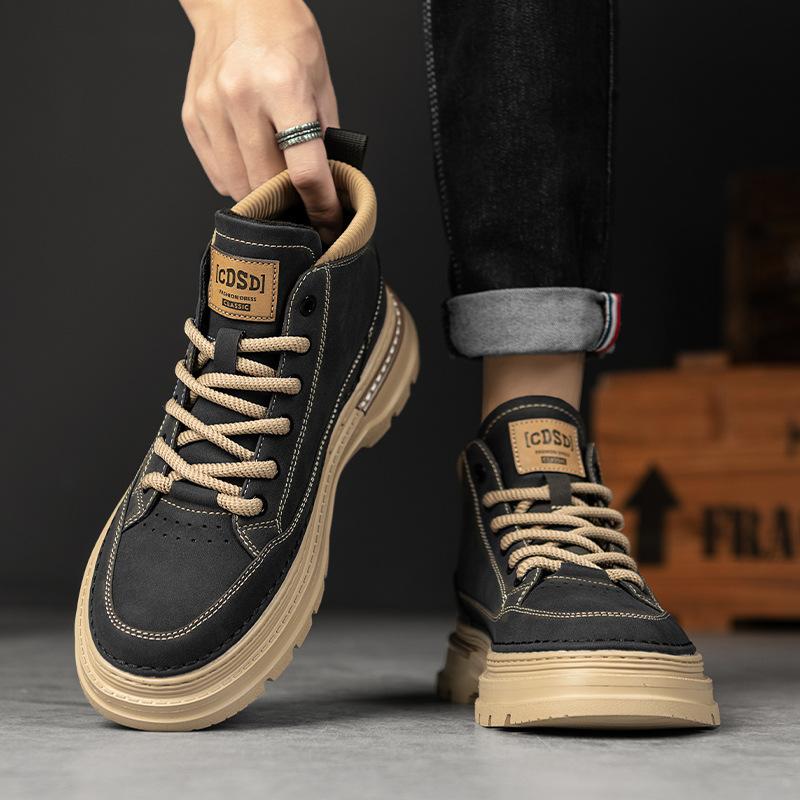 Retro Extra Large Size Leather Shoes Men's Shoes Leather Surface High Top Shoes Short Boots Martin Boots Spring and Autumn New British Chinese 
