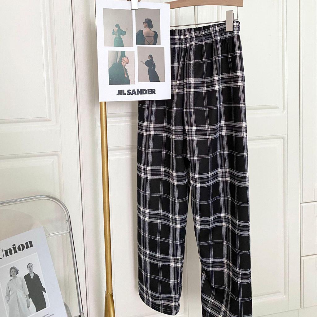 Women's High-Waisted Fleece-Lined Wide-Leg Plaid Pants for Autumn and Winter