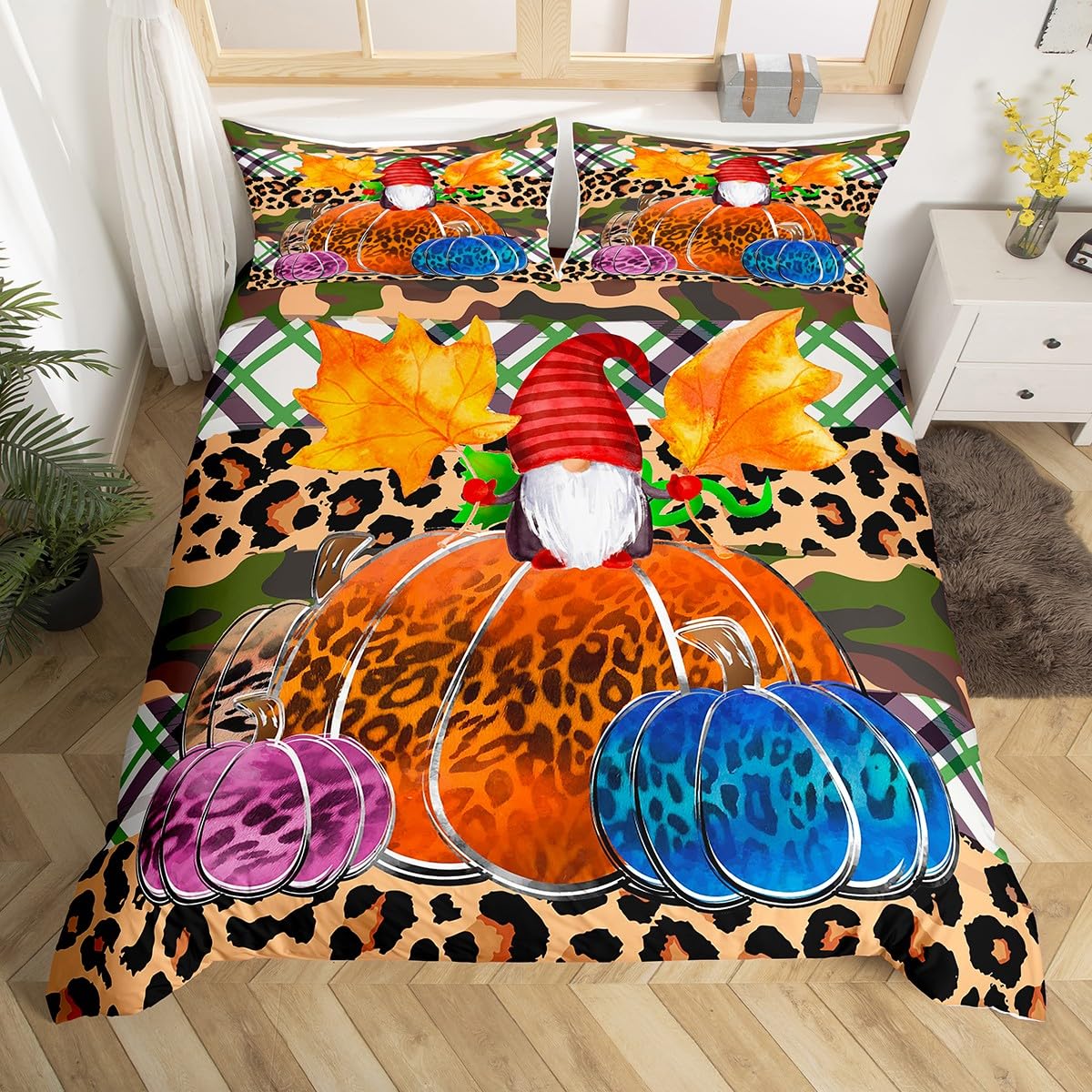 

Fall Pumpkin Duvet Cover,Hand Drawn Flowers Plants Bedding Set 3pcs,Farmhouse Comforter Cover Watercolor Blue Purple Quilt Cover EU Single(135x200cm)