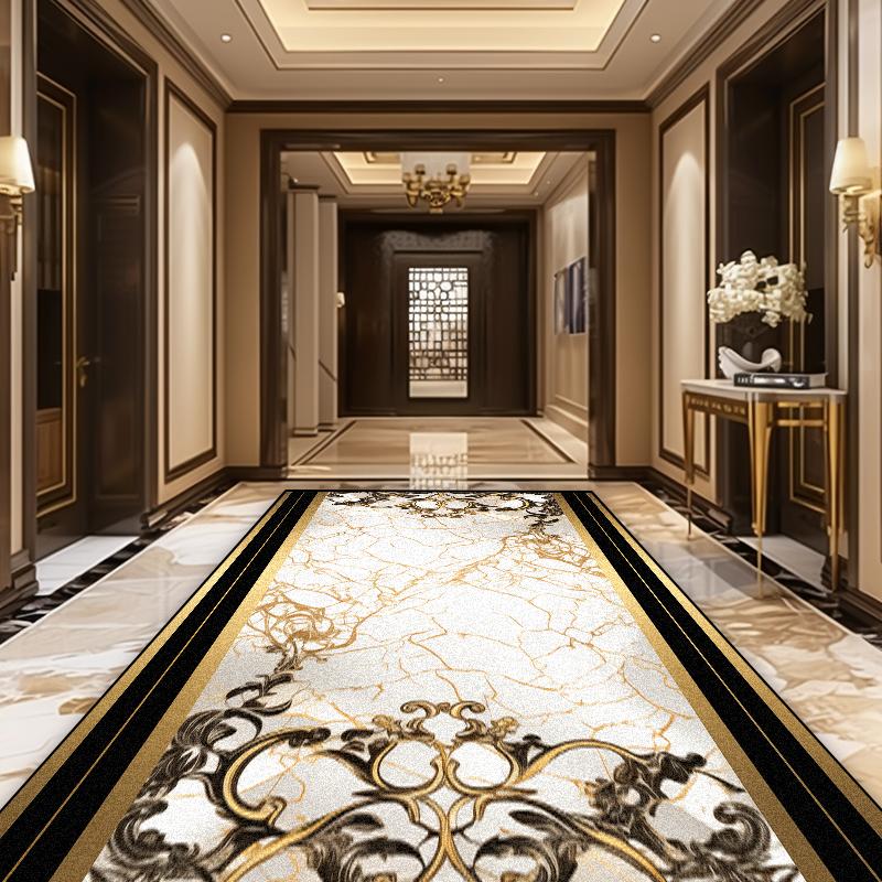 European Luxury Golden Corridor Soft Carpet Villa Aisle Stair Decoration Area Rug Washable Hotel Porch Entry Floor Mat Non-slip