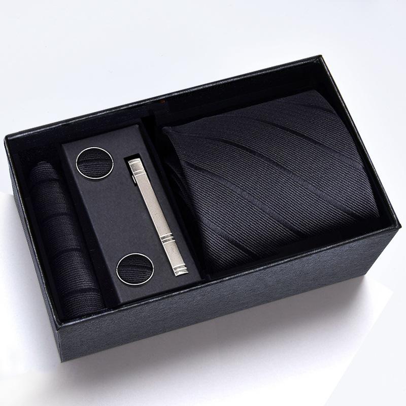 Gift Box Men'S Tie Square Scarf Cufflinks Tie Clip Five-Piece Set, Formal Business Blue Stripes