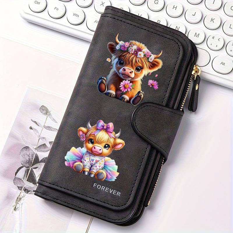 Women's Long Wallet with Scottish Highland Cow Pattern Multi - functional Portable Snap Button Coin Pocket Fun Design Perfect for Birthday Gift Daily