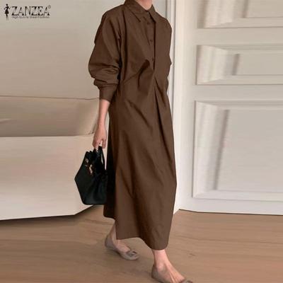 Vestido feminino casual de manga comprida com gola virada para baixo