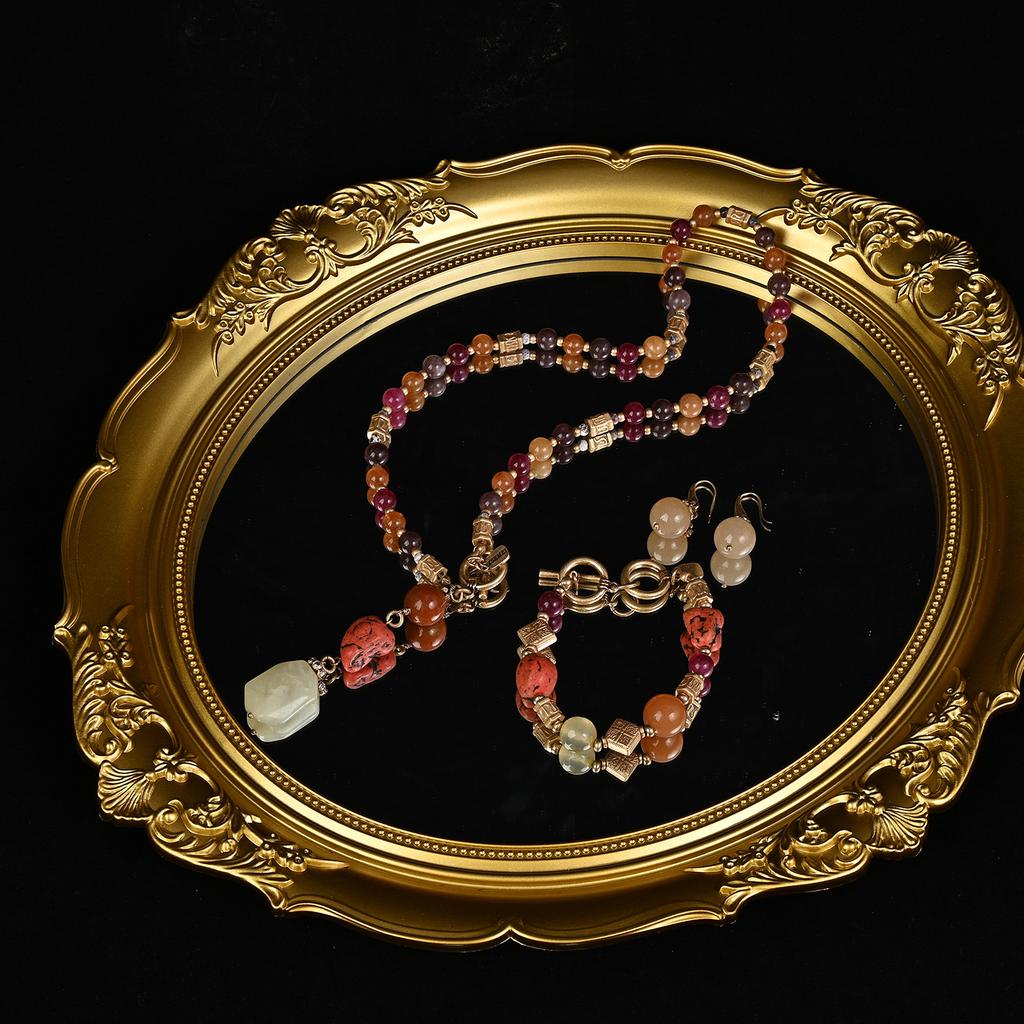 Vintage Dopamine Natural Stone Agate Beads Beaded Lemon Jade Pendant New Chinese Necklace High Sense Versatile Set