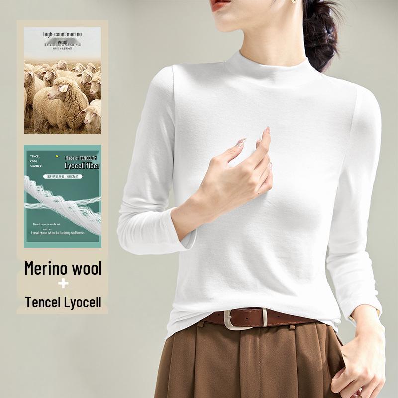 Damen Schwarzes Tencel Merino Wolle Slim Fit Langarm Baselayer Oberteil - Semi-High Neck, Herbst/Winter 2025 Kollektion.