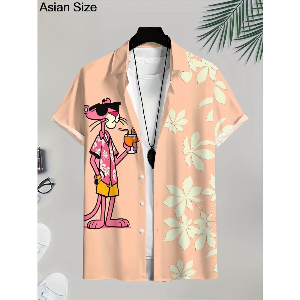 Cartoon Leopard Grafik Herren Kurzarm Hemd mit Kragen Oberteile Unisex Rosa Knopfleiste Hawaiian Hemden Sommer Täglich Damen Blusen