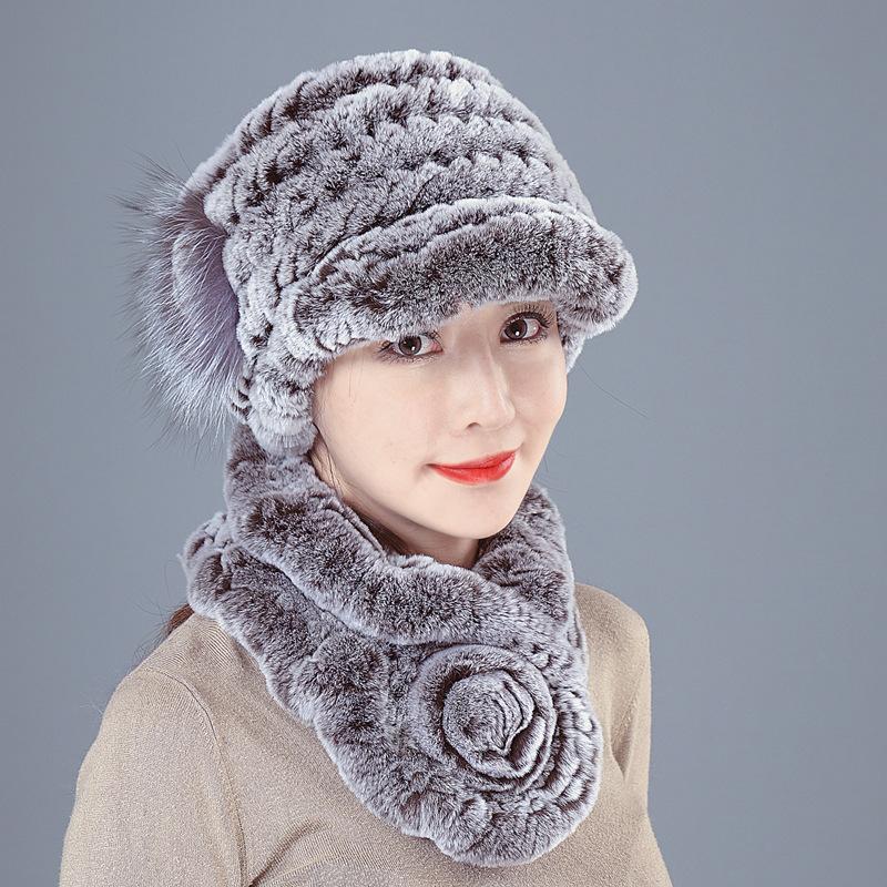 New Rex rabbit hair hat women's autumn and winter ear protection fur woven real hair medium and old thickened versatile scarf set