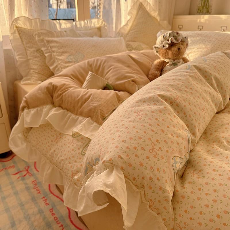 Cotton Floral Print Bedding Set Princess Style Lace Duvet Cover Sheet Pillowcase