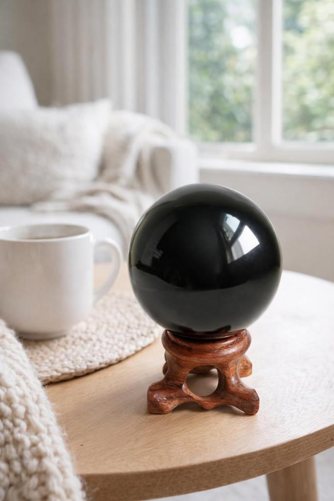 Natural Obsidian Sphere Crystal Ball Ornament - A popular item for warding off evil, bringing good fortune, and purification. A natural stone power st