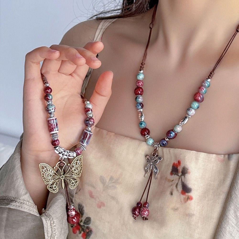 Adjustable Butterfly Pendant Necklace Chinese Ethnic Style Necklace Long Sweater Chain Gifts