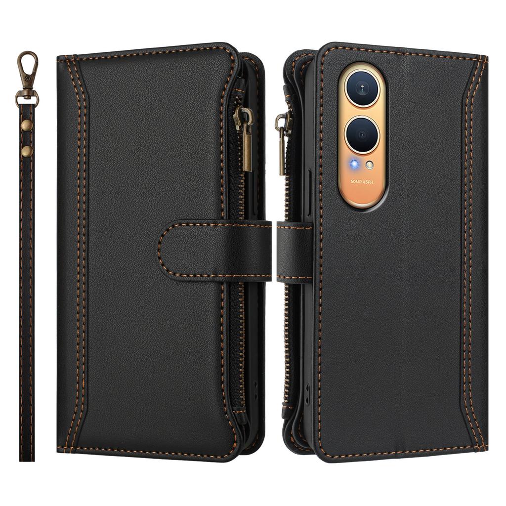 For Oppo K12x 5G (China)/OnePlus Nord CE4 Lite 5G Leather Case 9 Card Slots Zipper Wallet Stand Phone Cover with Wrist Strap