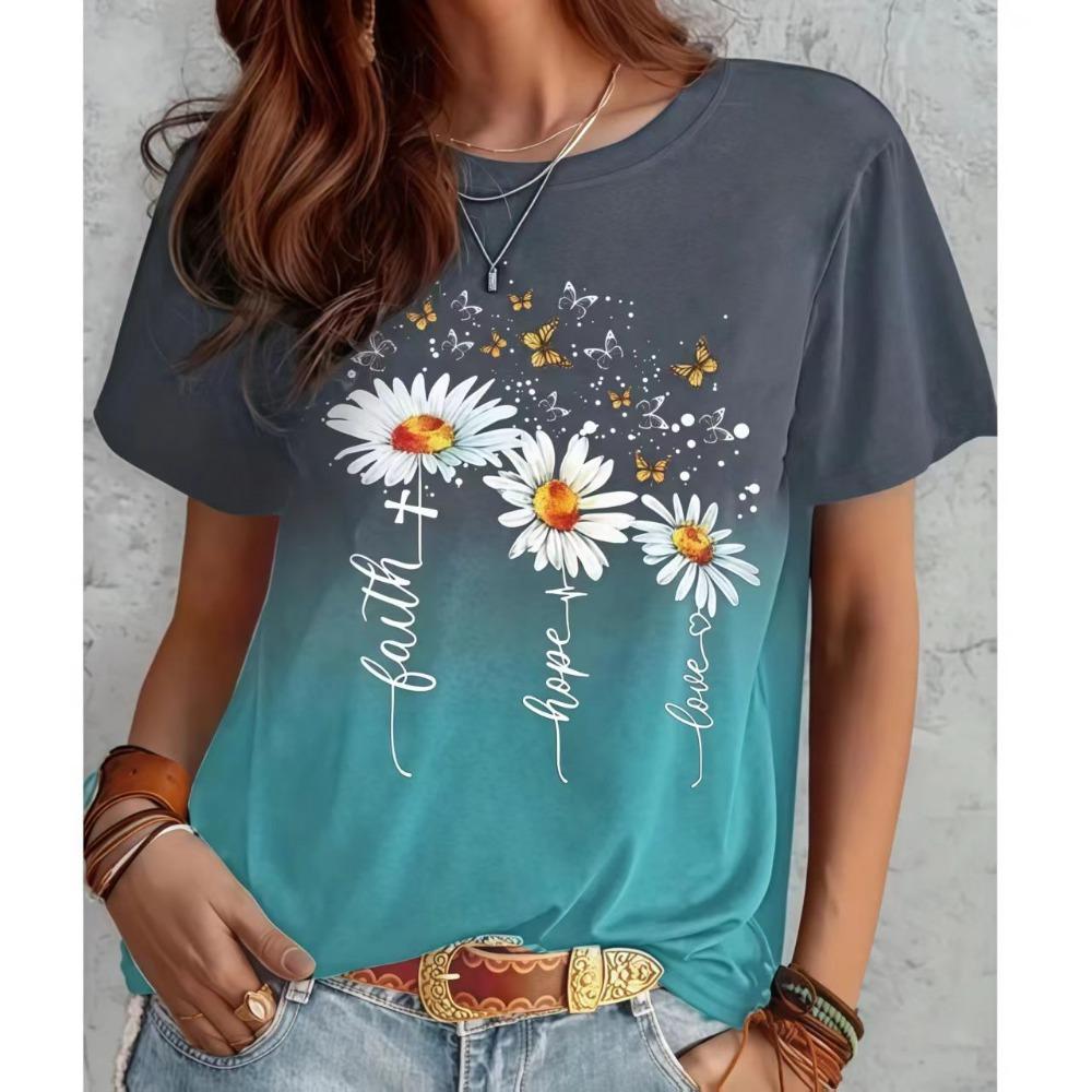 

Элегантная женская футболка Модная 3D-принт с цветами Свободный топ с круглым вырезом Градиентный Повседневный Удобный Короткий рукав 6XL